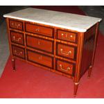 Chest of drawers it marquéterie period Louis XVI in 5 btiroirs on 3 rows  white marble top