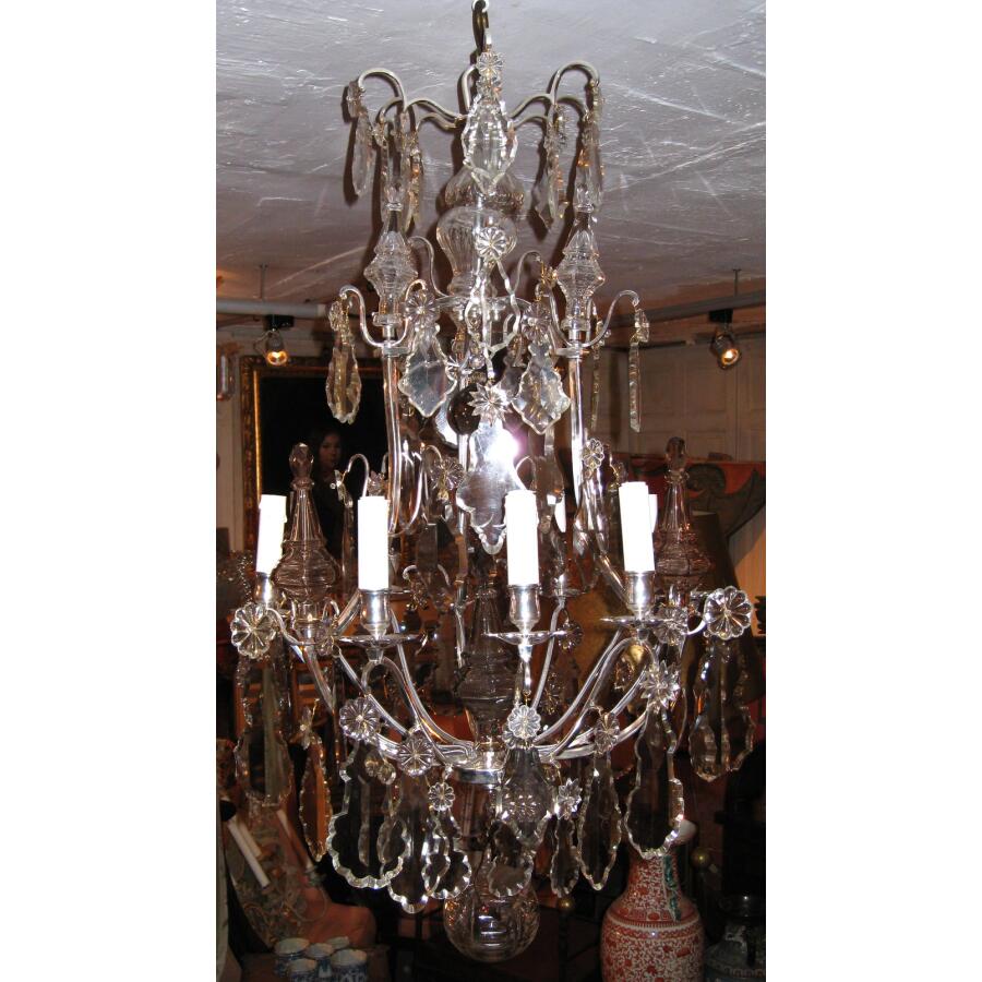 Silvery bronze chandelier and crystal plaques in 9 lights style Louis XV period the end of XIX