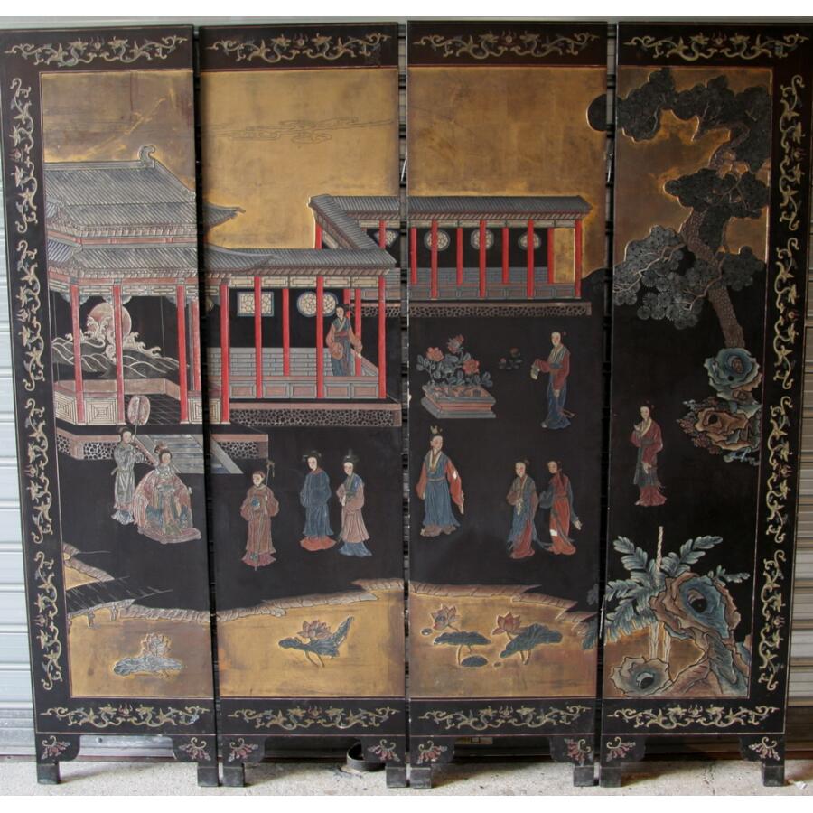 Folding screen in lacquer, 4 sheets, China time beginning XXème