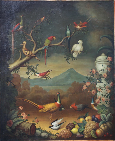 Paysage animé de volatiles, fruits et fleurs